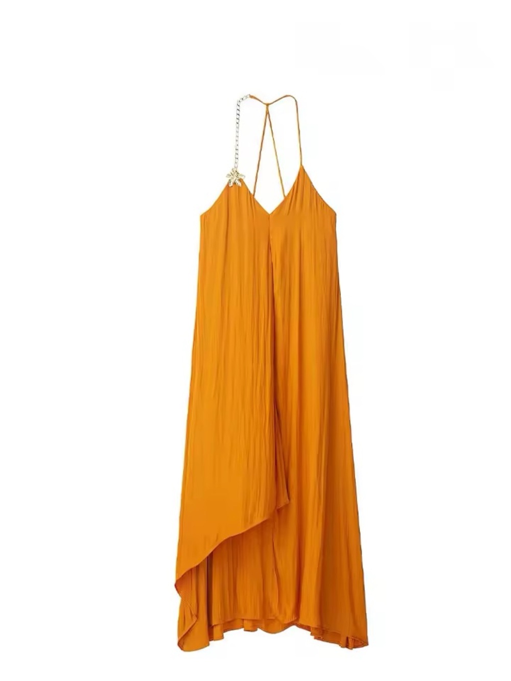 Zara Rich Orange High-Low Maxi Dress with Chain Strap